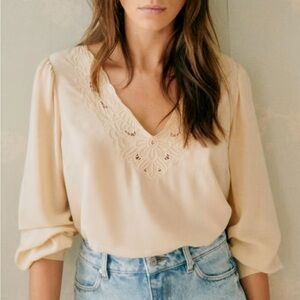 Sezane 🌼 Cream Silk Blouse with Floral Embroidery